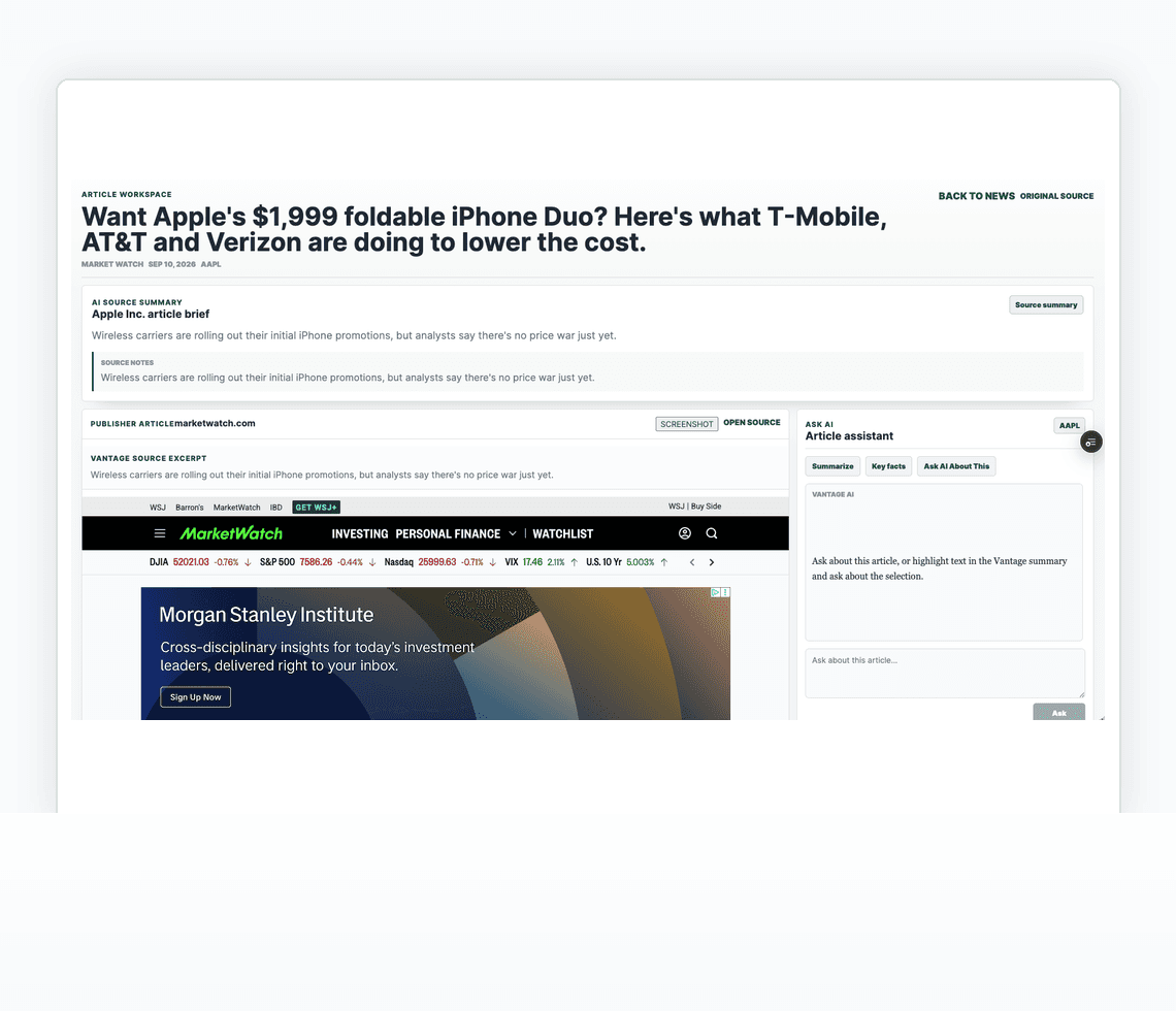 Actual Vantage article workbench showing a MarketWatch article beside the Article assistant.