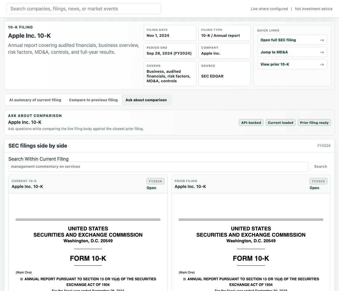 Actual Vantage filing comparison workspace showing current and prior Apple annual reports side by side.